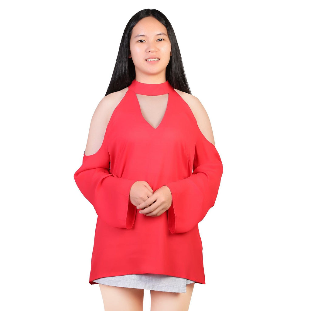 Women's Sexy Off The Shoulder Blouses Cold Shoulder Tops V-Neck Long Sleeve T-Shirt Solid Color Summer