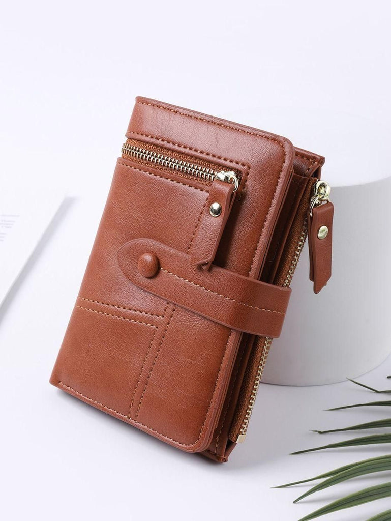 Women's Small Bifold Leather Wallet, Multi Card Slots Snap Closure Purse with Zipper Coin Pocket