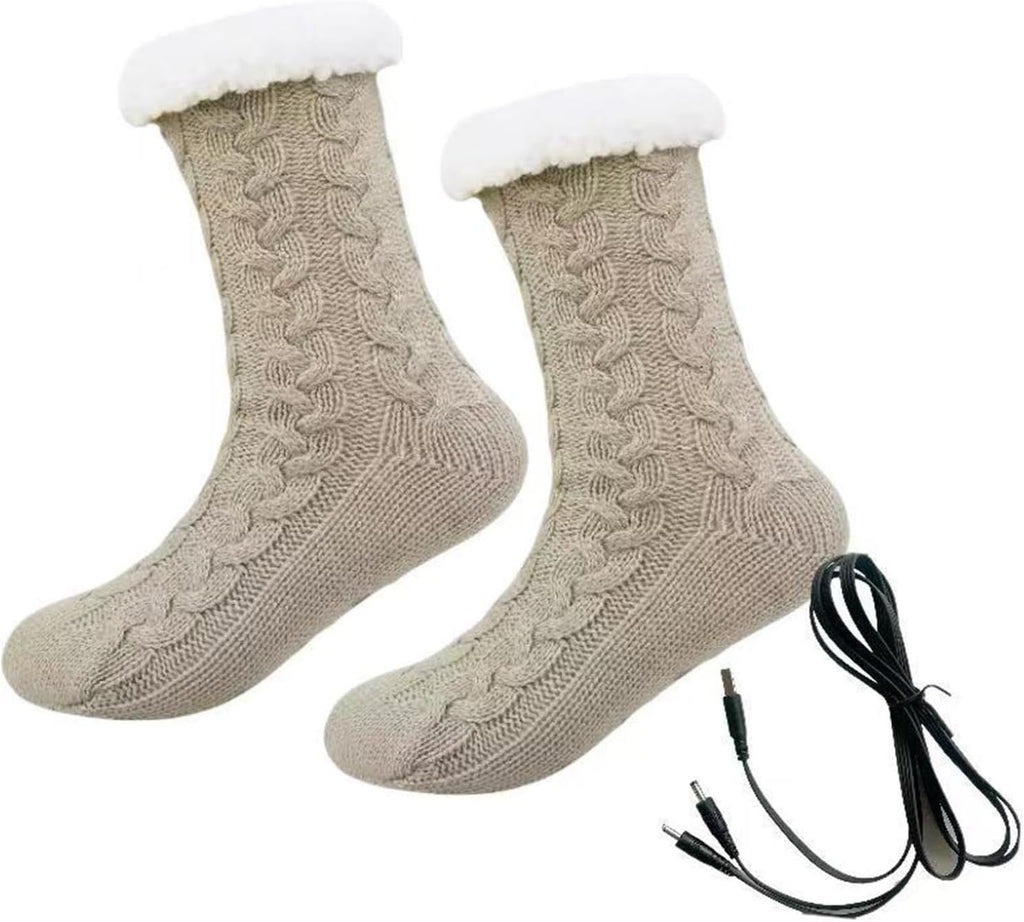 Womens USB Heated Fleece Fuzzy Socks Thermal Winter Feet Heating Pad Cozy Foot Warmer Christmas House Slipper Socks