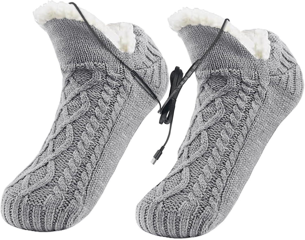 Womens USB Heated Fleece Fuzzy Socks Thermal Winter Feet Heating Pad Cozy Foot Warmer Christmas House Slipper Socks