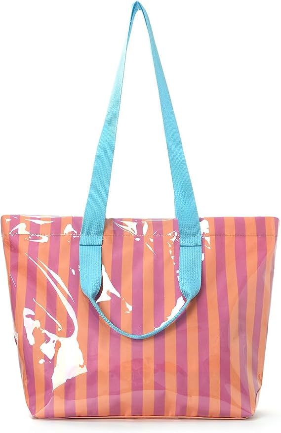 Women's Waterproof PVC Tote Bag with Long Strap,Trendy Summer Stripe Plastic Top Handle Bag for Vacation Beach Travel