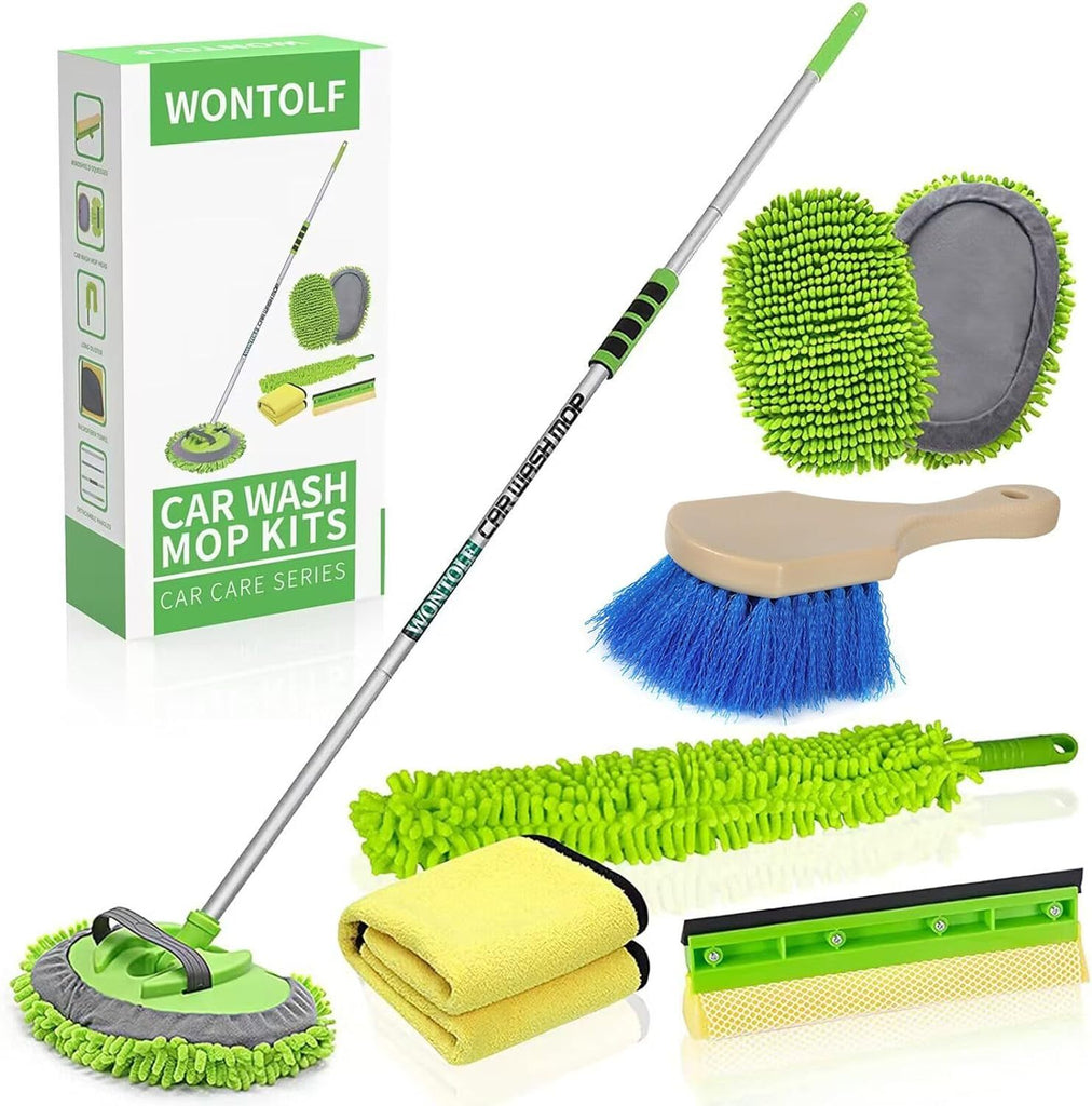 Wontolf 62 Car Wash Brush with Long Handle Chenille Microfiber Car Wash Mop Mitt Kit Car Detailing Brush Cleaning Kit Window Squeegee Car Duster Drying Towels Tire Brush for Cars RV Truck Boa