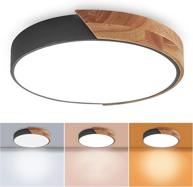 Wood LED Flush Mount Ceiling Light, 3CCT 3000K-6500K Modern Black Close to Ceiling Lighting Fixtures, Minimalist Round Ceiling Light for Bedroom, Kitchen, Hallway, Laundry Room, Not Dimmabl.