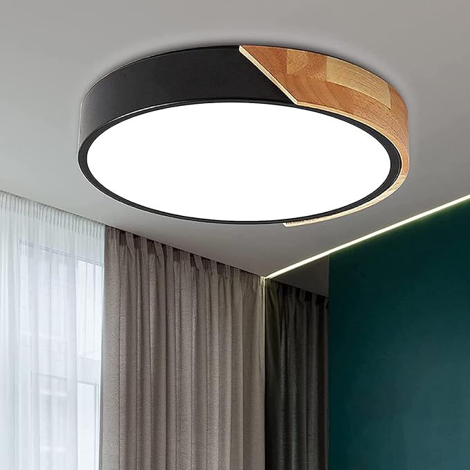 Wood LED Flush Mount Ceiling Light, 4500K Modern Round Close to Ceiling Light Fixtures, 12 Inch Minimalist Black Ceiling Lamp, Low Profile Ceiling Lights for Bedroom, Kitchen, Laundry