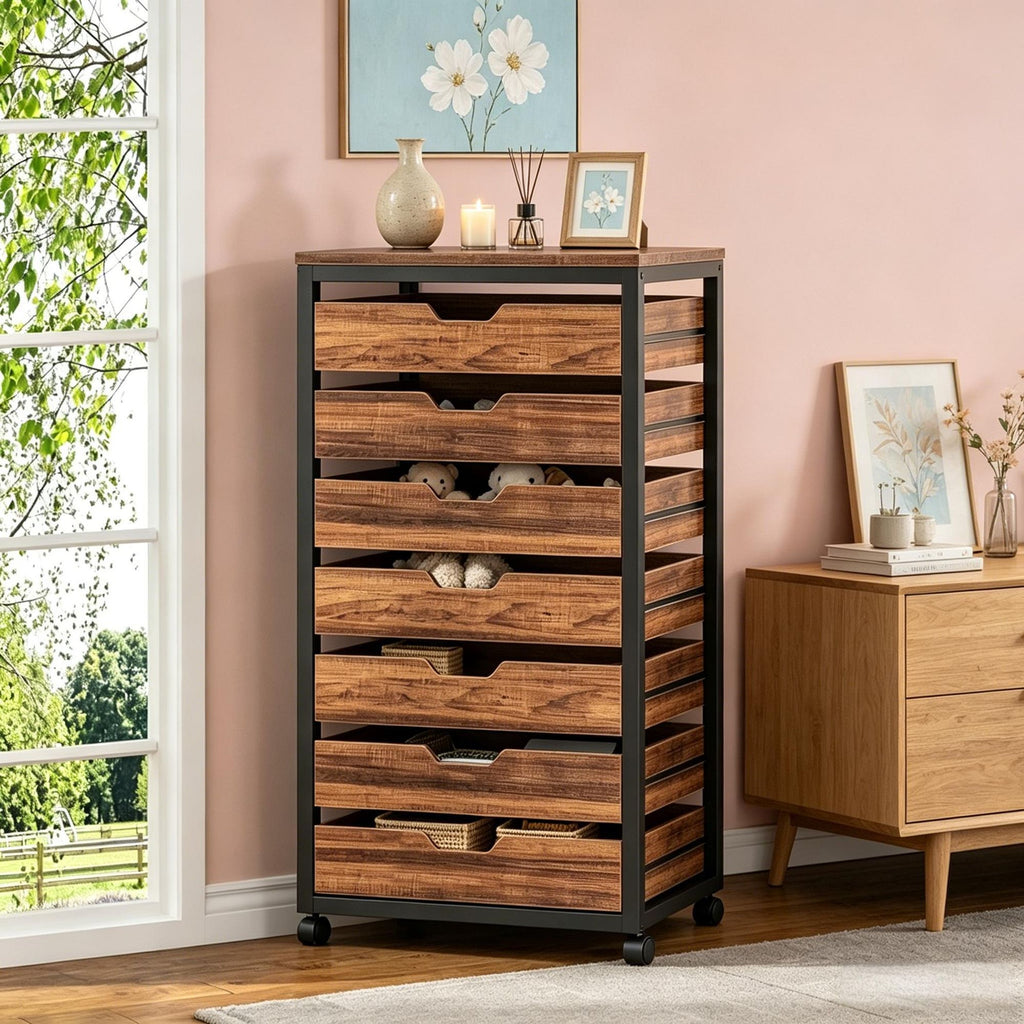 Wood Mobile File Cabinet with 5 Drawers Industrial Office Storage Unit with Casters for Business And Home Use