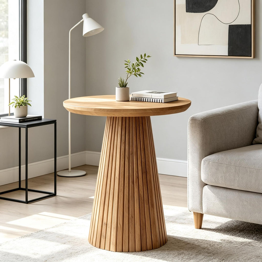 Wood round End Table 19.7 Inch Pedestal Side Table with Fluted Base for Living Room Bedroom Home Decor