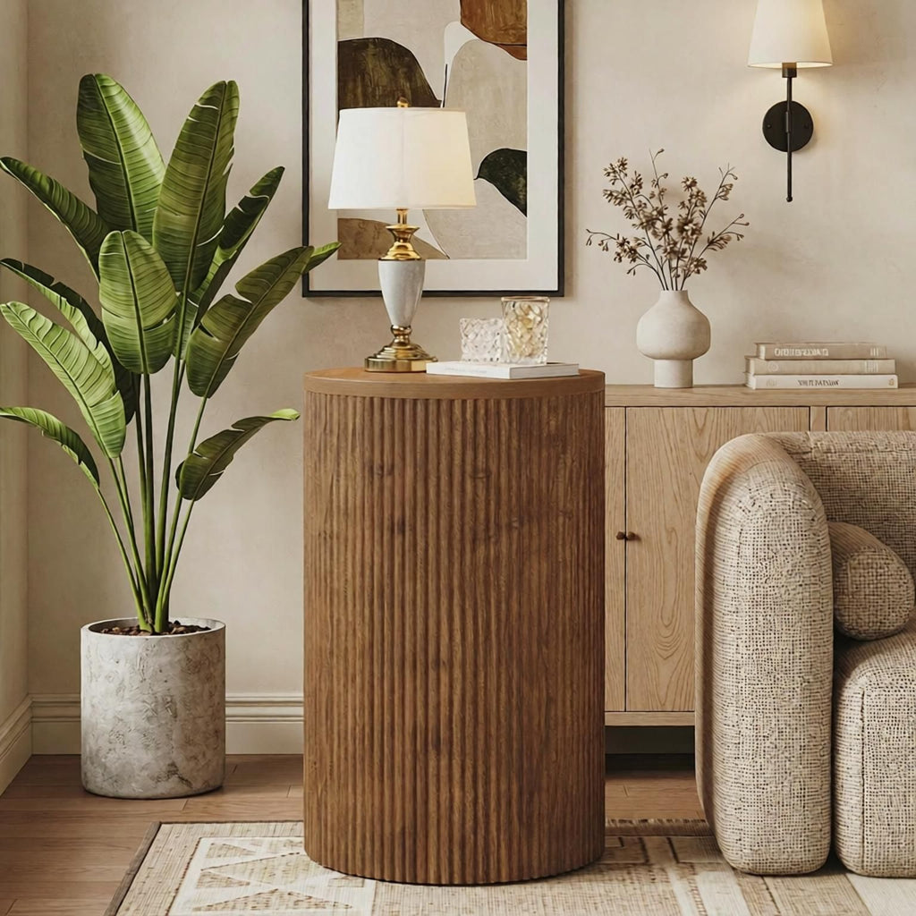 Wood round Side Table No-Assembly Fluted End Table with Storage And 4 Wheels for Living Room Bedroom