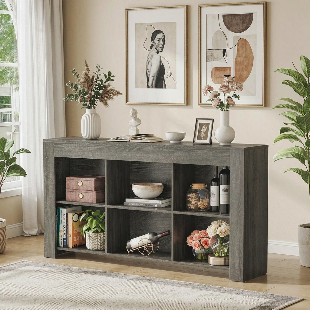 Wood Sofa Table with 6 Storage Cubes Entryway Console Table for Living Room Home Decorative Furniture