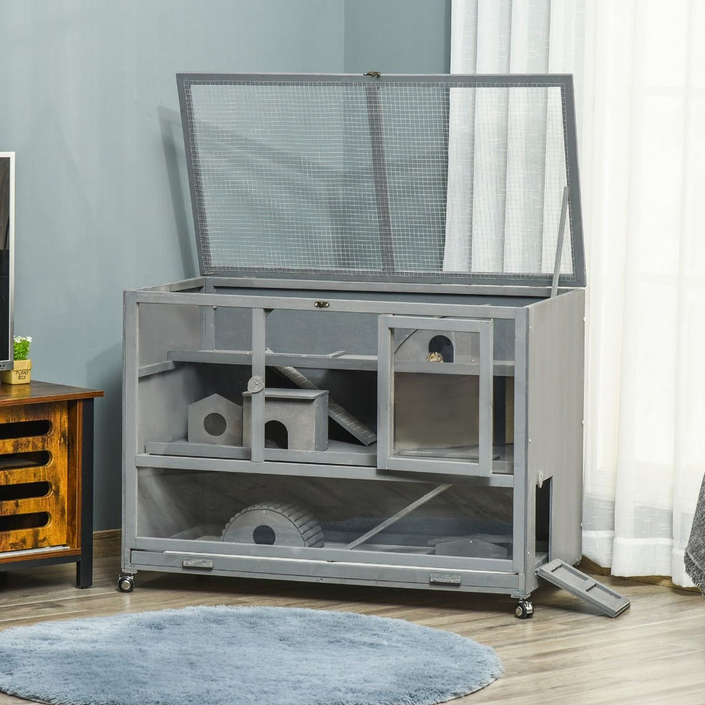Wooden 3-Tier Hamster Cage Hutch Box with Ladder Wheels for Small Animals, Dark Gray
