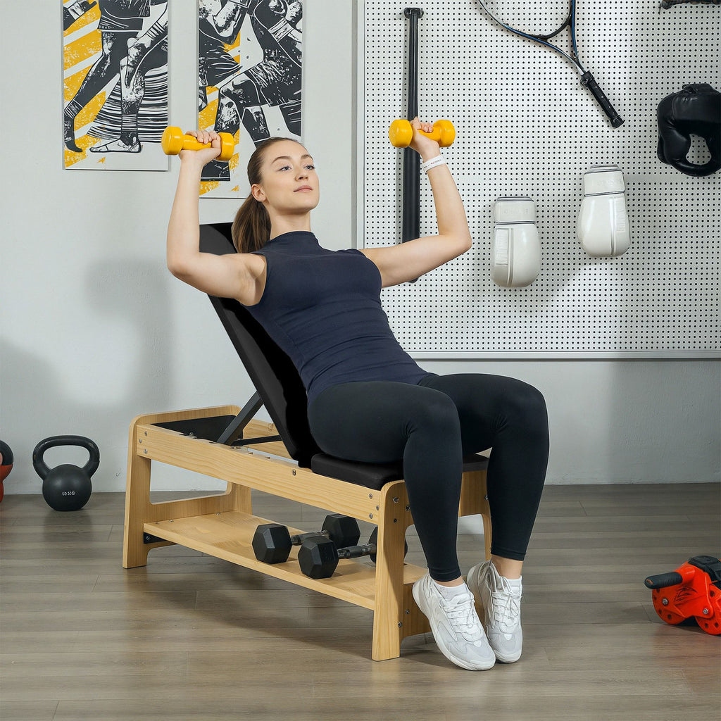 Wooden Adjustable Weight Bench with Dumbbell Rack, Flat or Incline Workout Bench for Home Gym Weight Lifting, Black