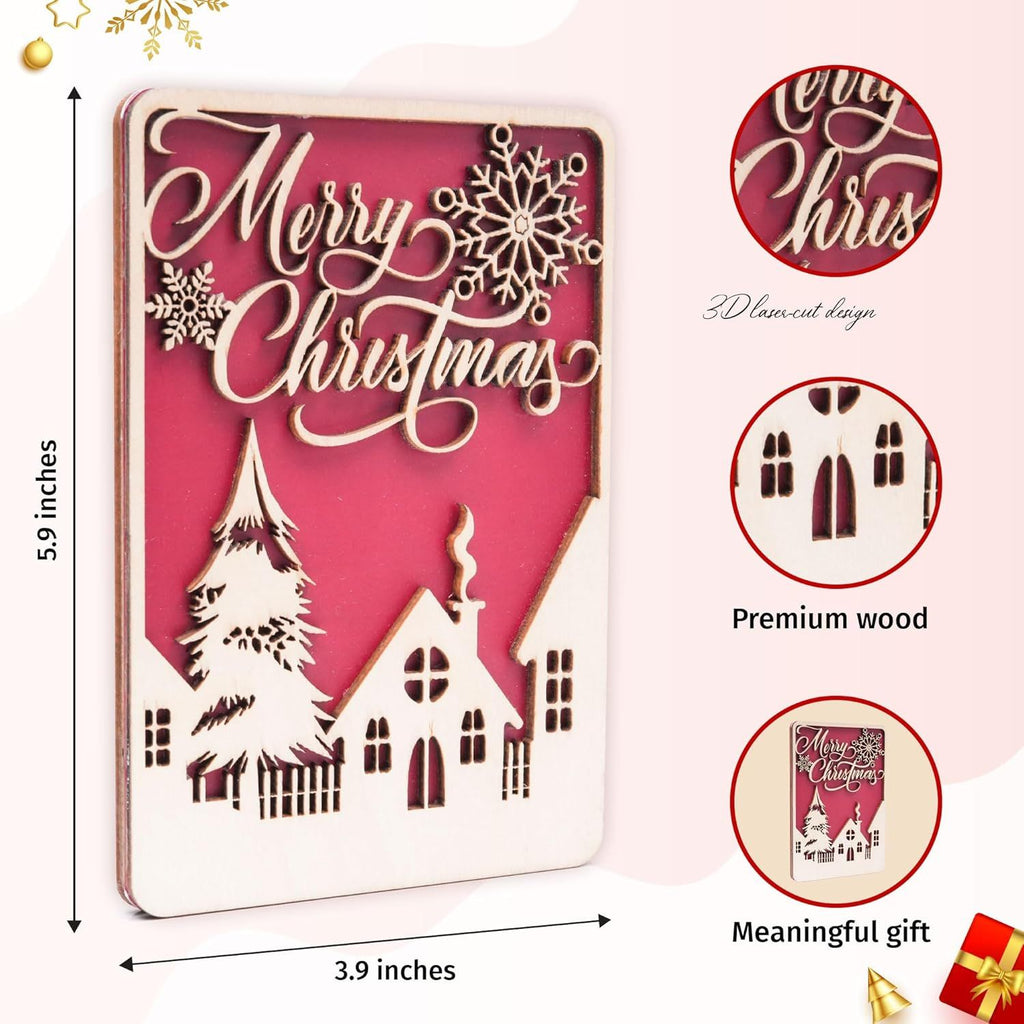 Wooden Christmas Greeting Card, Handmade Merry Christmas Card 2025, Festive Laser Cut Wood Art for Home and Tree Decor, Unique Holiday Gift for Friends and Family (Style 3)