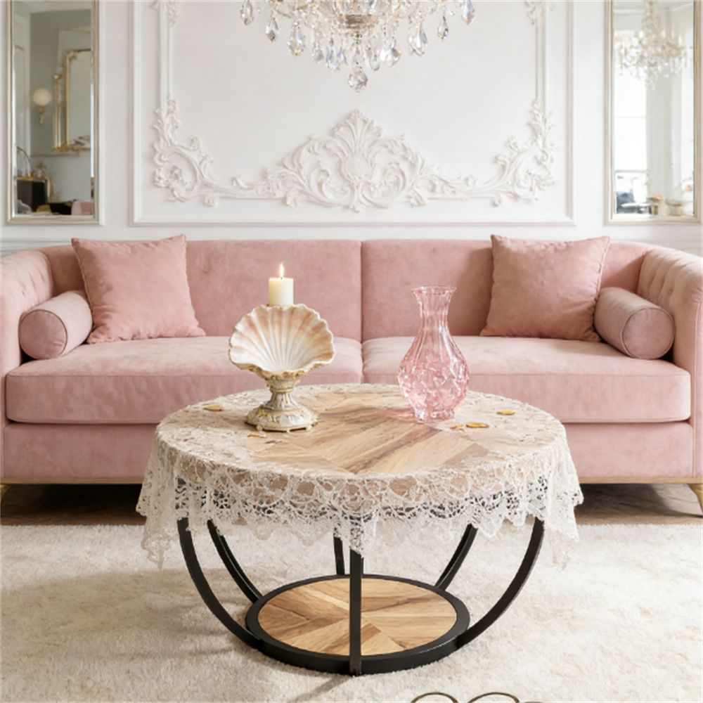 Wooden coffee table, round table, central cocktail table with storage space, side table