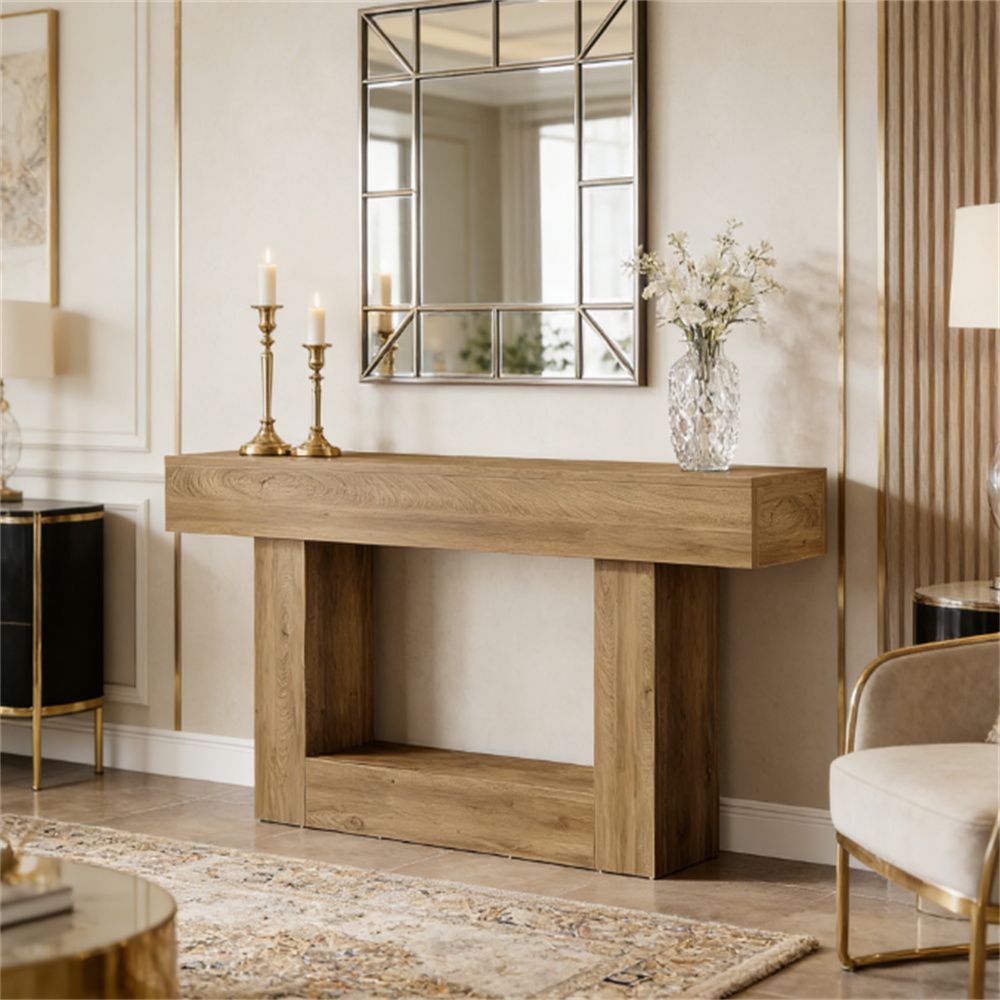 Wooden console table, foyer table, double sofa table, entrance table, sturdy frame with shelves