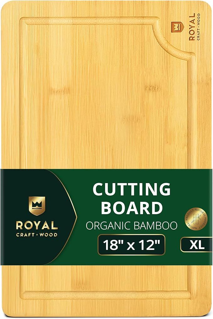 Wooden Cutting Boards for Kitchen Meal Prep & Serving - Bamboo Wood Serving Board with Deep Juice Groove Side Handles - Charcuterie & Chopping Butcher Block for Meat