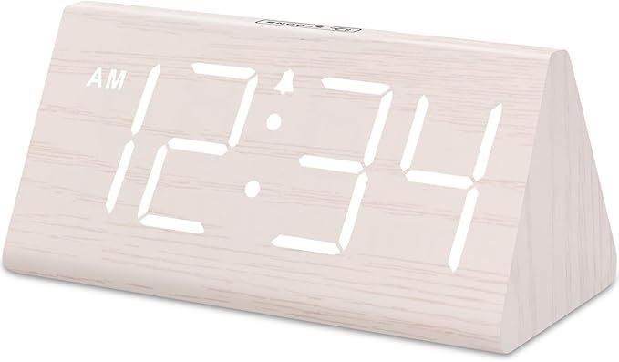 Wooden Digital Alarm Clock for Bedroom - Living Room Desk Clock with Large Numbers, Bedside Nightstand Clock with USB Port, Adjustable Volume, Dimmer, DST, Office Wood Décor, Adapter Powered