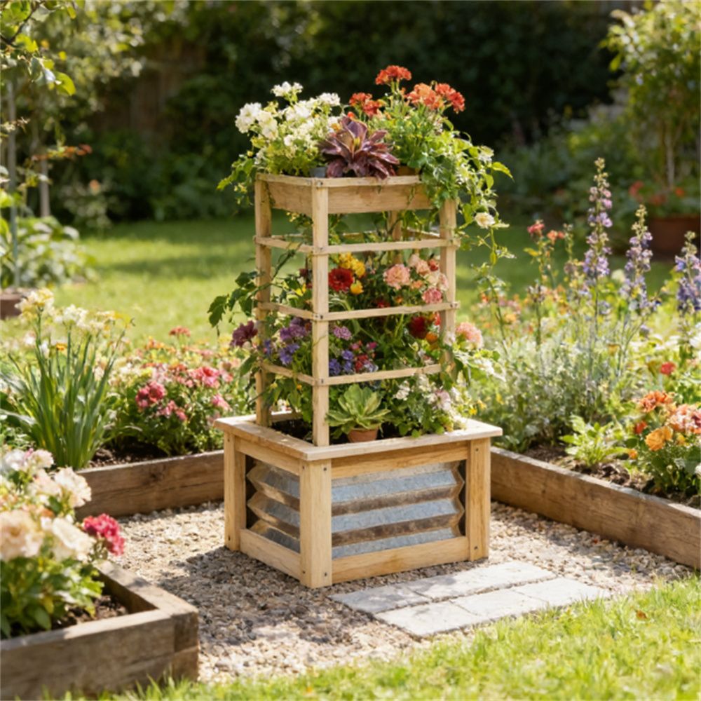 Wooden elevated garden bed with grid frame, flowerpot box, planting box, natural wood
