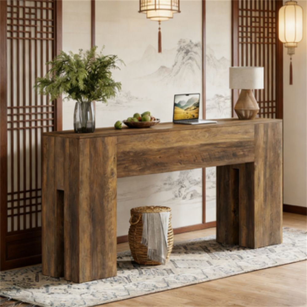 Wooden foyer table, main console, sturdy sofa, corridor side table