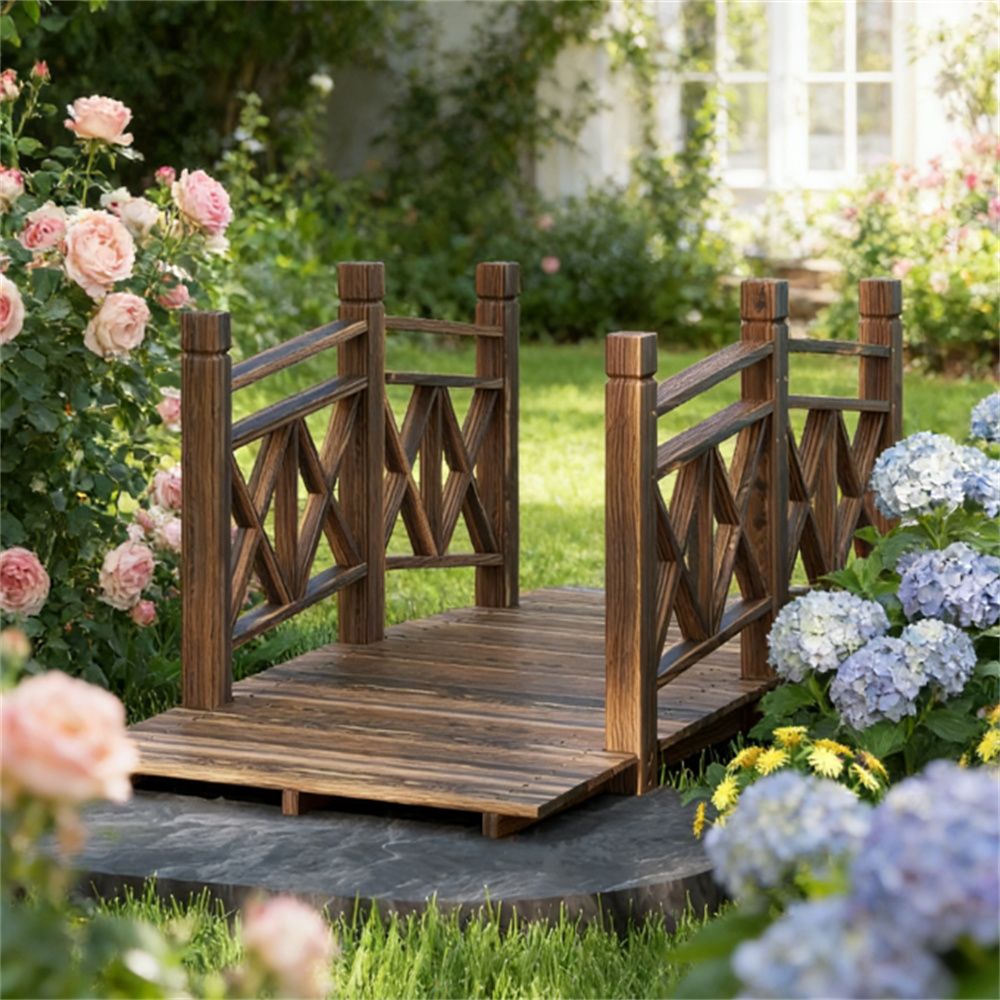 Wooden garden bridge, pedestrian overpass
