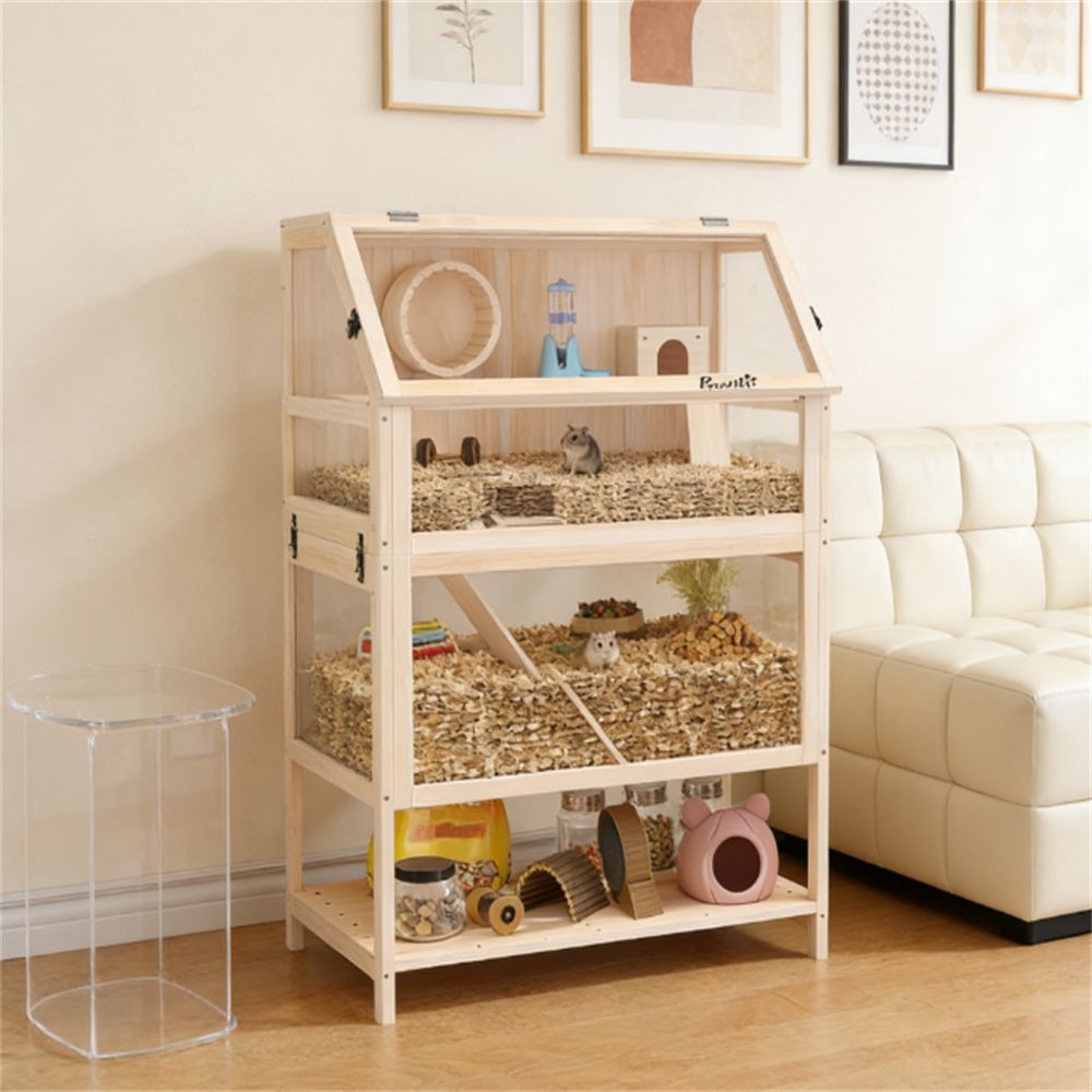 Wooden hamster cage with storage rack, small animal cage