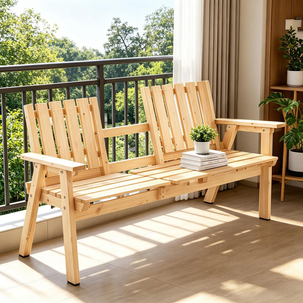 Wooden Patio Bench with Middle Table And Umbrella Hole Outdoor Garden Bench for Porch Poolside Balcony Natural Wood