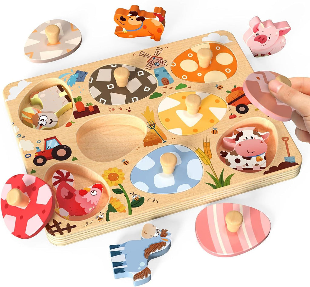 Wooden Puzzles for Toddlers, 8 Pcs Farm Animal Matching Egg Puzzle, Montessori Toys for Boy Girl Easter Birthday Gifts, Preschool Learning Activities & Educational Toys