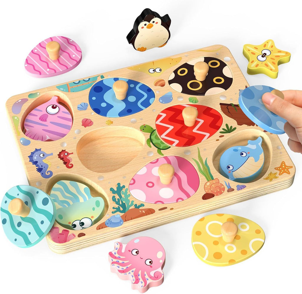 Wooden Puzzles for Toddlers, 8 Pcs Sea Animal Matching Egg Puzzle, Montessori Toys for Boy Girl Easter Birthday Gifts, Preschool Learning Activities & Educational Toys