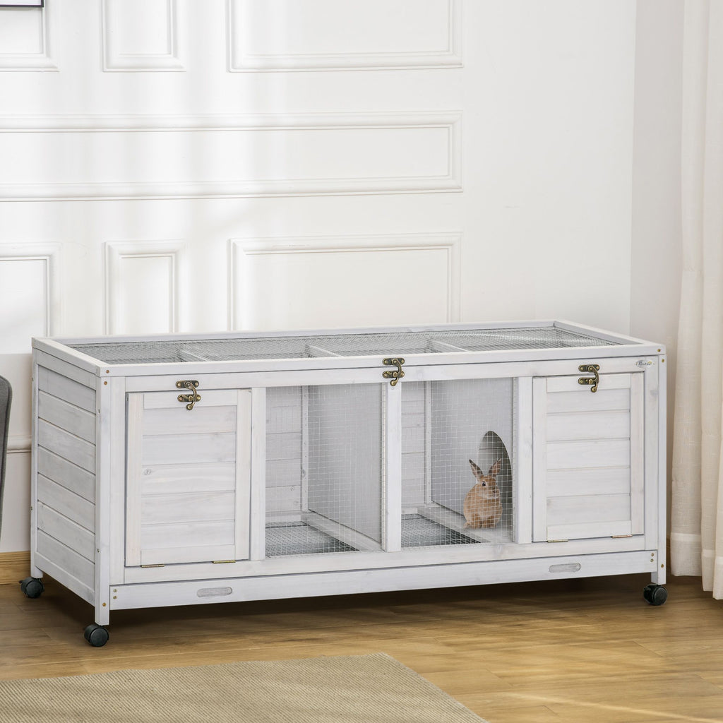 Wooden Rabbit Hutch with Wheels, Dividers for Indoor Use, Light Gray