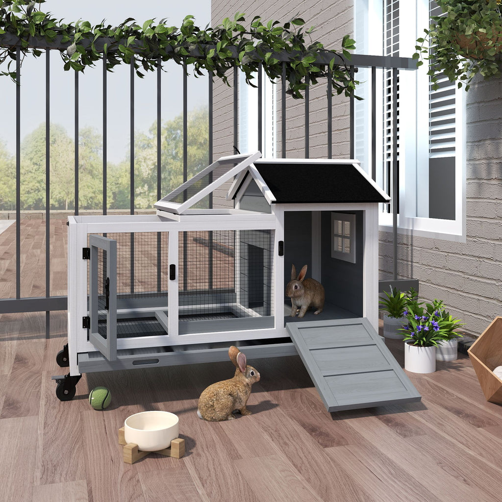 Wooden Rabbit Hutch with Wheels, Run, Slide-out Tray for Small Animals, Guinea Pig, Blue
