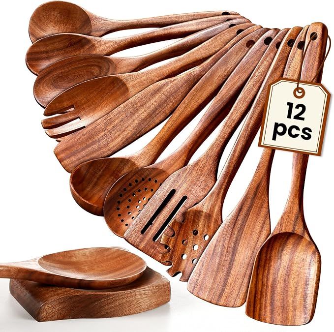 Wooden Spoons for Cooking, 12 Pcs Nonstick Wooden Cooking Utensils Set with Comfort Grip – 100% Natural Teak Wood - Sturdy, Lightweight & Heat Resistant Kitchen Utensils