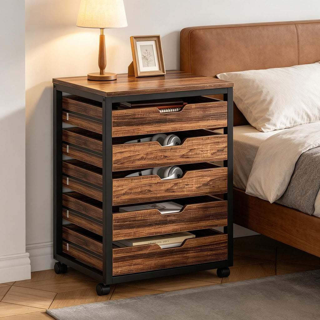 Wooden Storage Dresser Cabinet with Wheels 5Drawer Chest Mobile Organizer for Bedroom Living Room