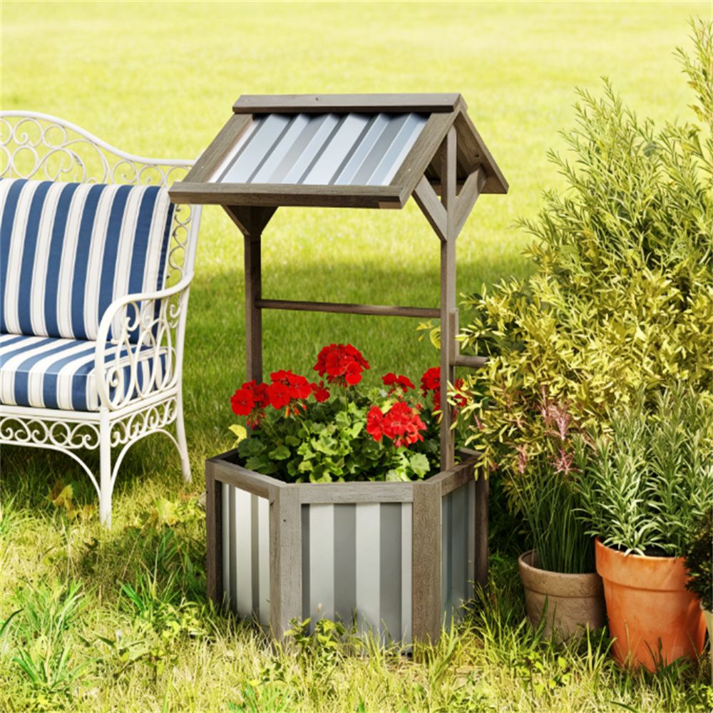 Wooden wishing well, wishing well flowerpot, light gray