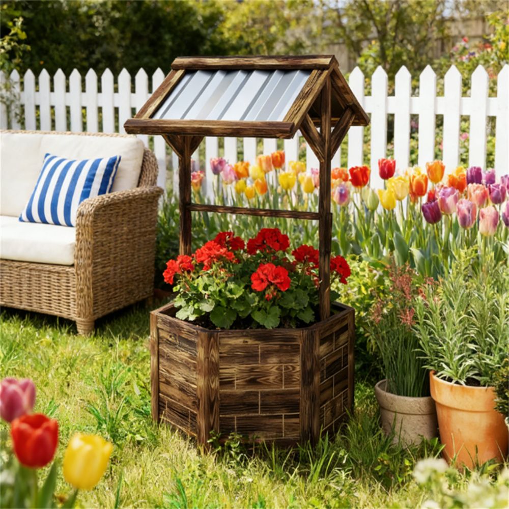 Wooden wishing well, wishing well flowerpot, tan