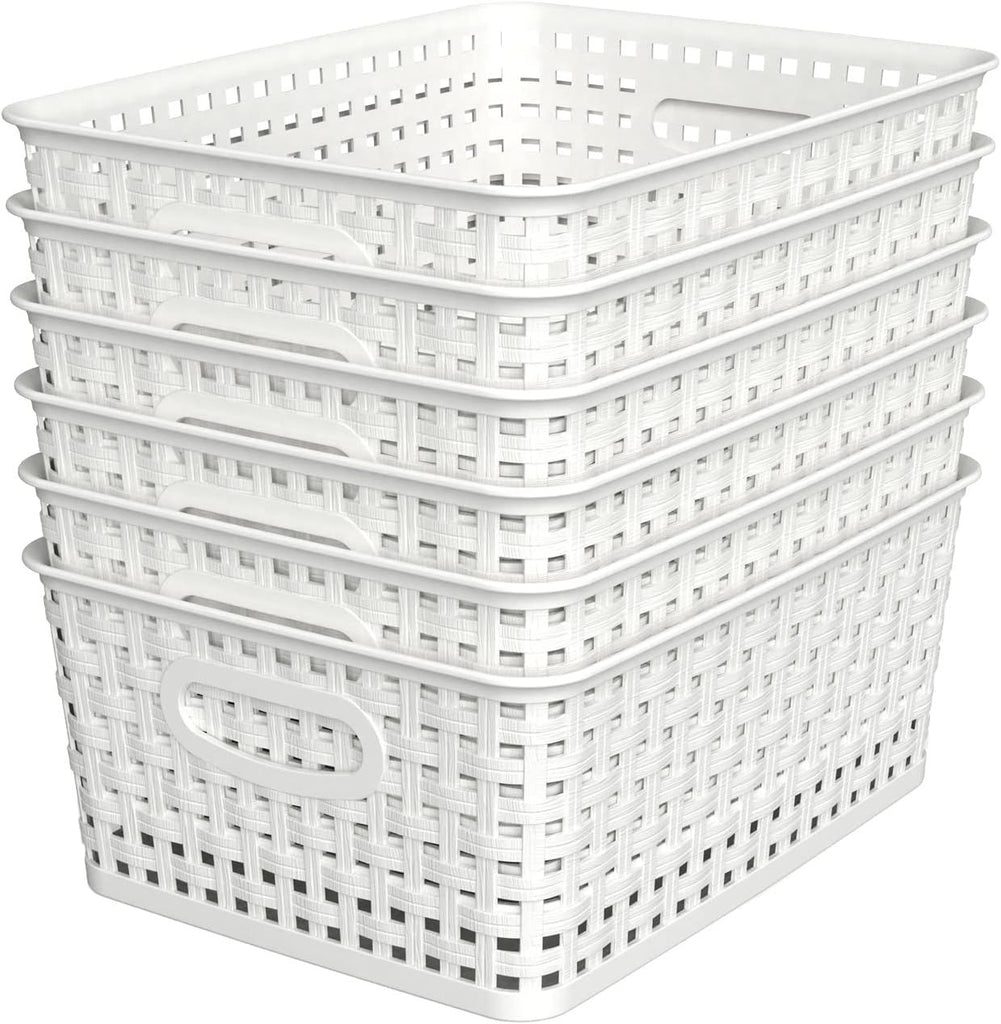 Woven Plastic Storage Baskets, 6 Pack White Weave Bins Organizer, 10.1" x 7.55" x 4.1"