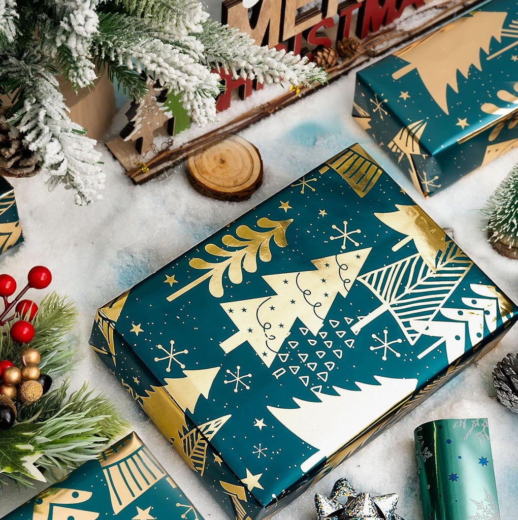 Wrap Paper Roll - 17 Inch X 33 Feet - Luxurious Metallic Foil Green Elegant Christmas Tree Winter Gift Wrapping Paper, Festive Decoration