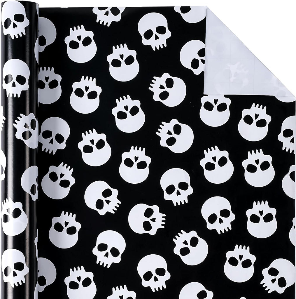 Wrapping Paper - Mini Roll - 17 Inch x 16.5 Feet - Black and White Skull Wrapping Paper for Halloween Deco, Holiday, Party