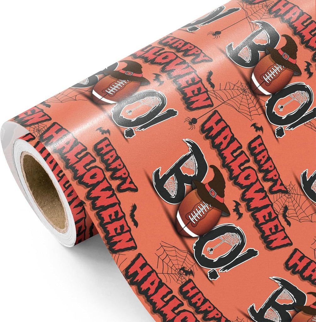 Wrapping Paper - Mini Roll - 17 Inch x 16.5 Feet - Happy Halloween and Boo with Football Wrapping Paper for Holiday, Party