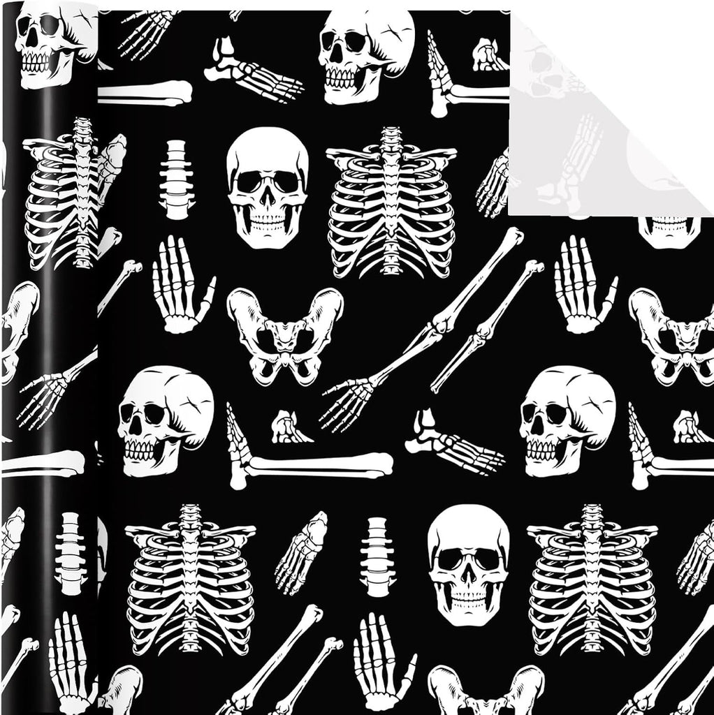 Wrapping Paper - Mini Roll - 17 Inch x 16.5 Feet - Skeleton and Bone Wrapping Paper for Halloween Deco, Birthday Gift Wrap
