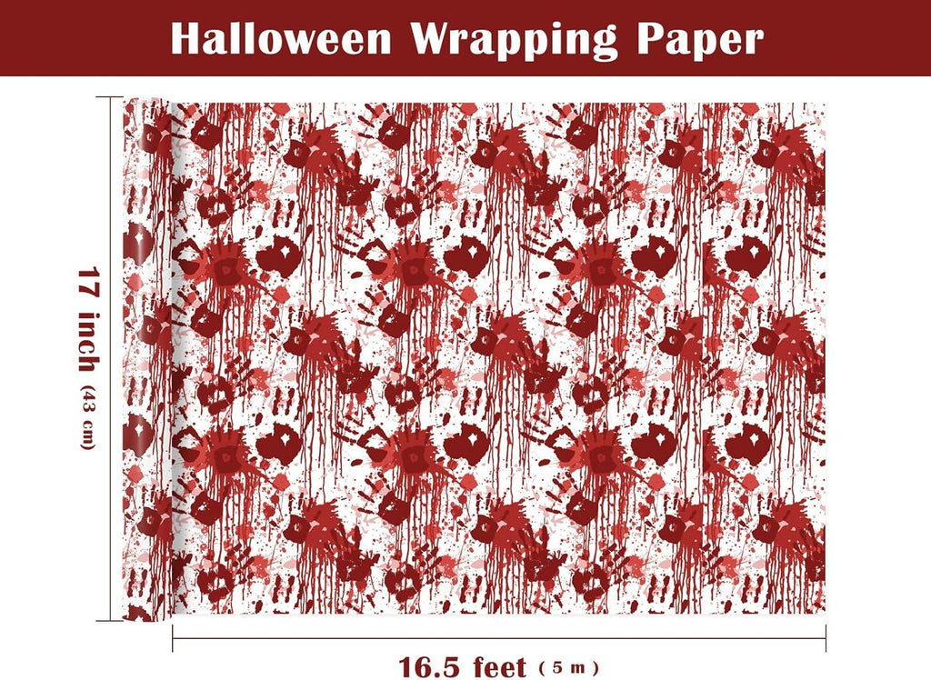 Wrapping Paper - Mini Roll - 17 Inch x 16.5 Feet - Spooky Blood Splatter and Handprint Design for Halloween Deco, Birthday Gift Wrap