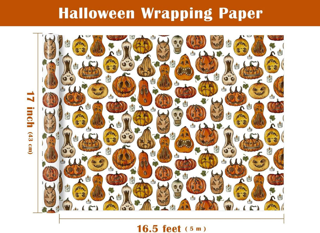 Wrapping Paper - Mini Roll - 17 Inch x 16.5 Feet - Spooky Pumpkin Wrapping Paper for Halloween Deco, Birthday Gift Wrap