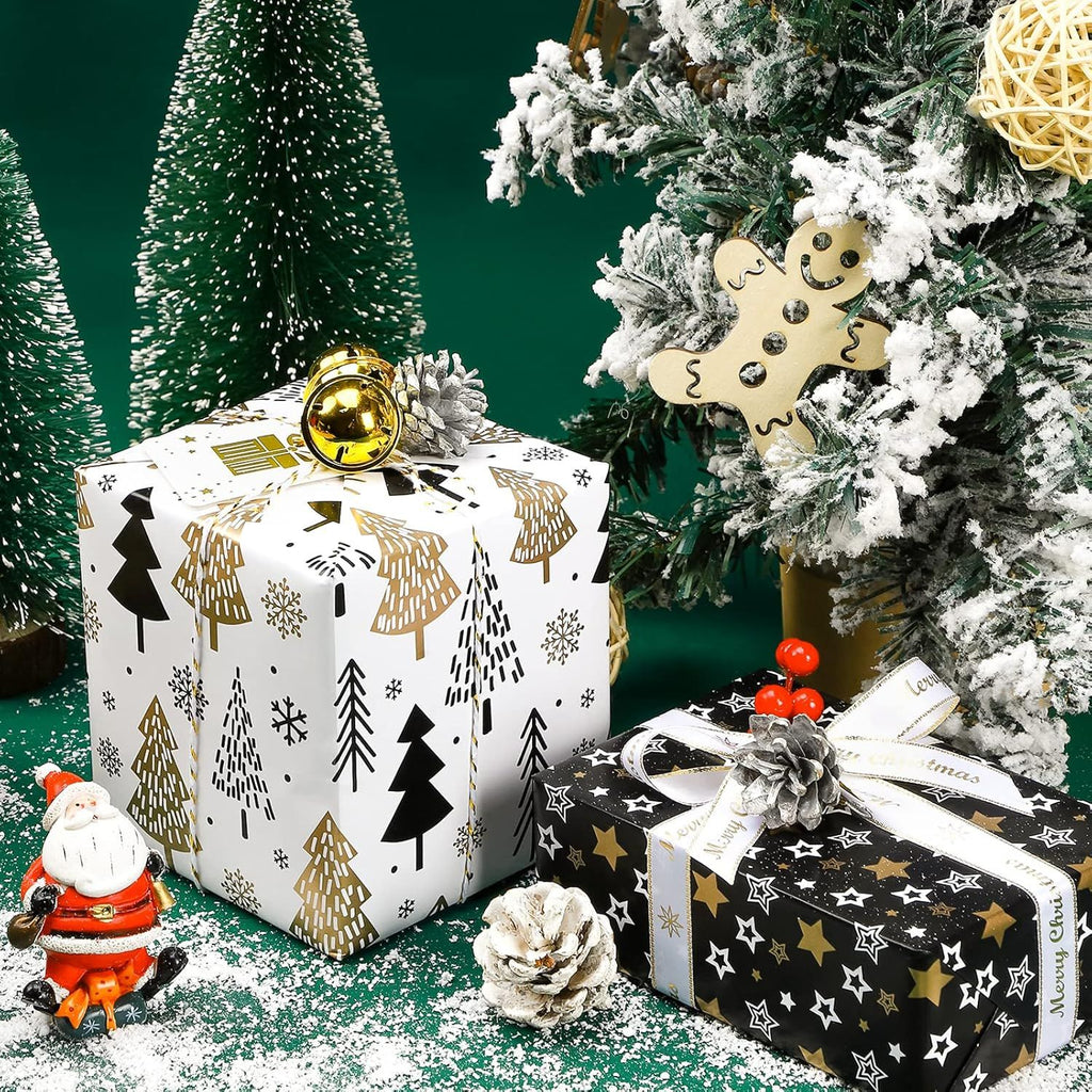 Wrapping Paper Roll - Mini Roll - 17 inch X 120 inch Per roll - 3 Different Christmas Black Gold Design (42.3 sq.ft.ttl)