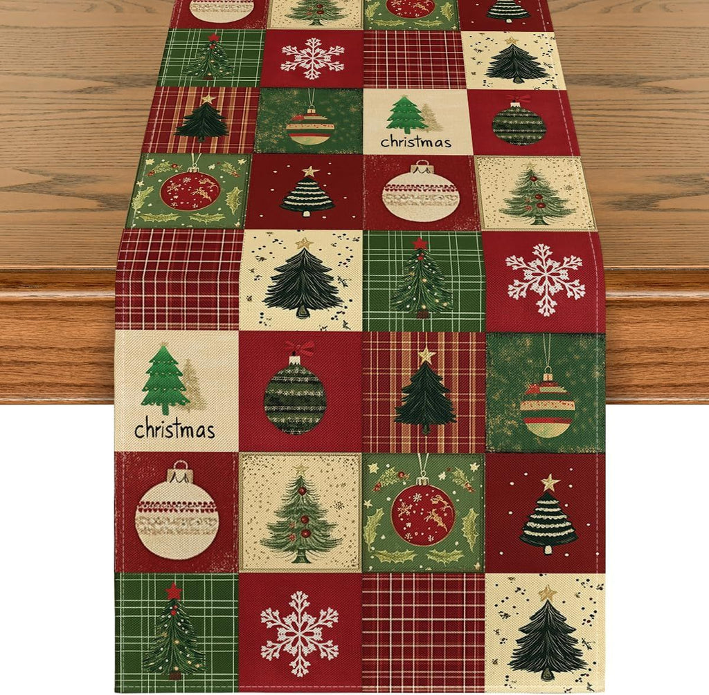 Xmas Tree Gift Party Atmosphere 210 GSM Christmas Table Runner, Winter Kitchen Dining Table Decoration for Home Party Decor 13x72 Inch