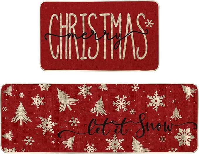 Xmas Trees Snowflake Let It Snow Merry Christmas Kitchen Mats Set of 2, Winter Decor Low-Profile Kitchen Rugs - 17x29 and 17x47 Inch