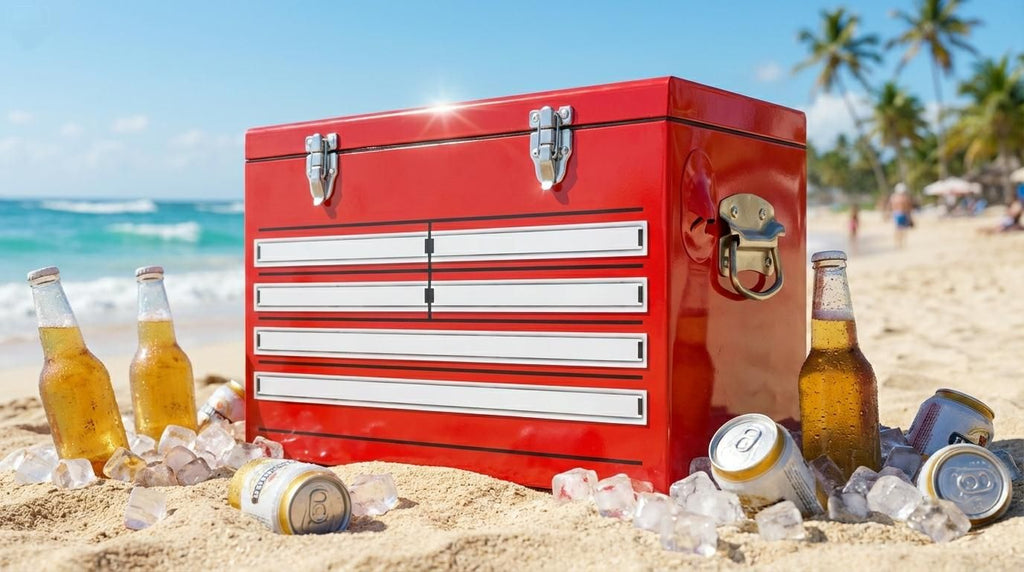 Yakimoto Nostalgia Series 21 Qt. Retro Industrial Toolbox Style Metal Cooler - 20L Portable Red Ice Chest for Camping, Tailgating & Garage