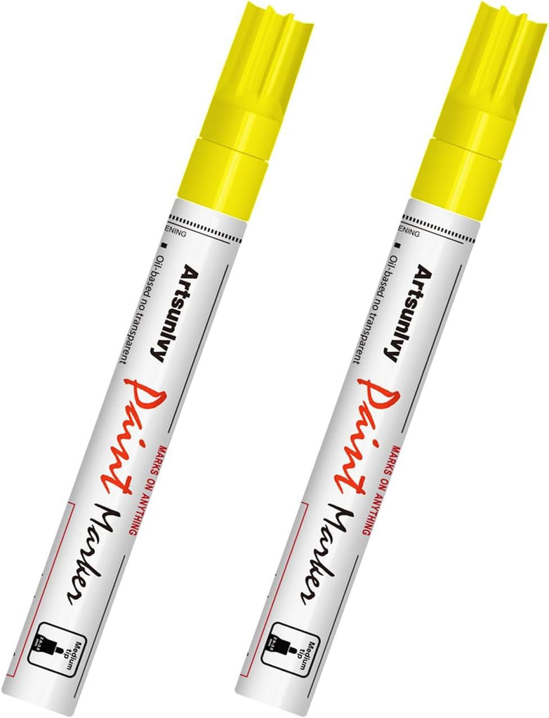 Yellow Paint Pens Permanent Markers - 2 Pack Oil Based Quick Dry Waterproof Markers for Tire, Rubber,Wood, Rocks, Metal, Canvas, Plastic, Dark Surface,Craft Art Supplies,Medium Point