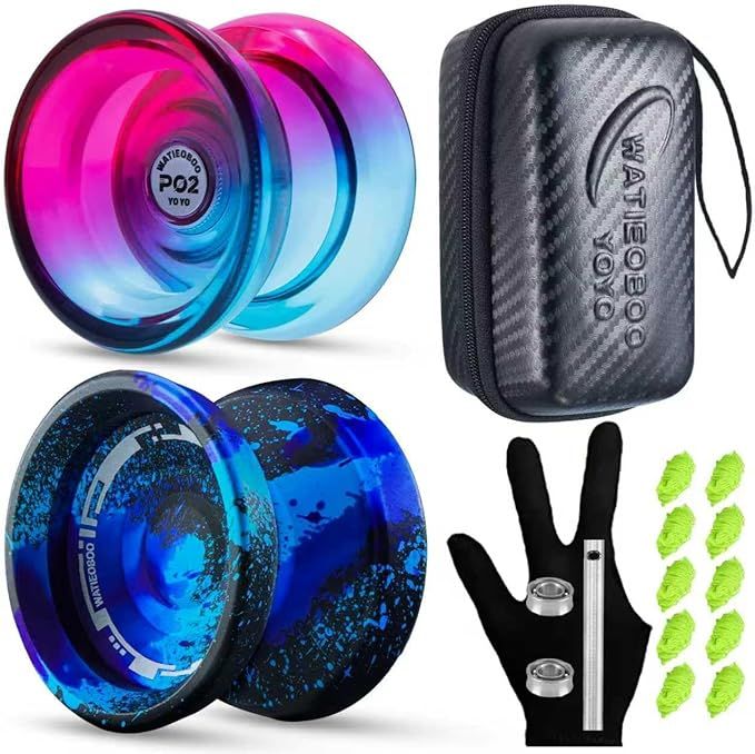 Yo-Yo 2-Piece Set P02 Crystal yo yo Blue Pink and M18 Black Blue Purple Camouflage Metal yo-yo, Suitable for Professional yoyo Players and Yoyo Beginners