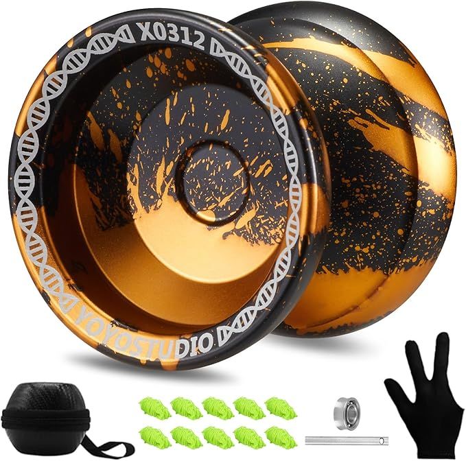 Yoyo Professional Responsive Yoyo X0312 for Kids Beginner, Dual Purpose Fingerspin Yo yo for Adults with Unresponsive Yoyos Bearing Kit, 10 Yo-Yo Strings, Case & Glove - Black and Gold