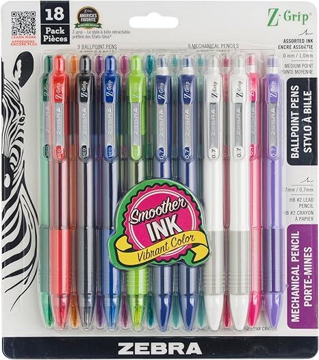 Z-Grip Retractable Ballpoint Pen and Mechanical Pencil Set, Medium Point, #2 HB Lead Pencils, Assorted Ink Colors, School Supplies, Teacher Supplies, and Office Supplies, 18-Pack (23618)