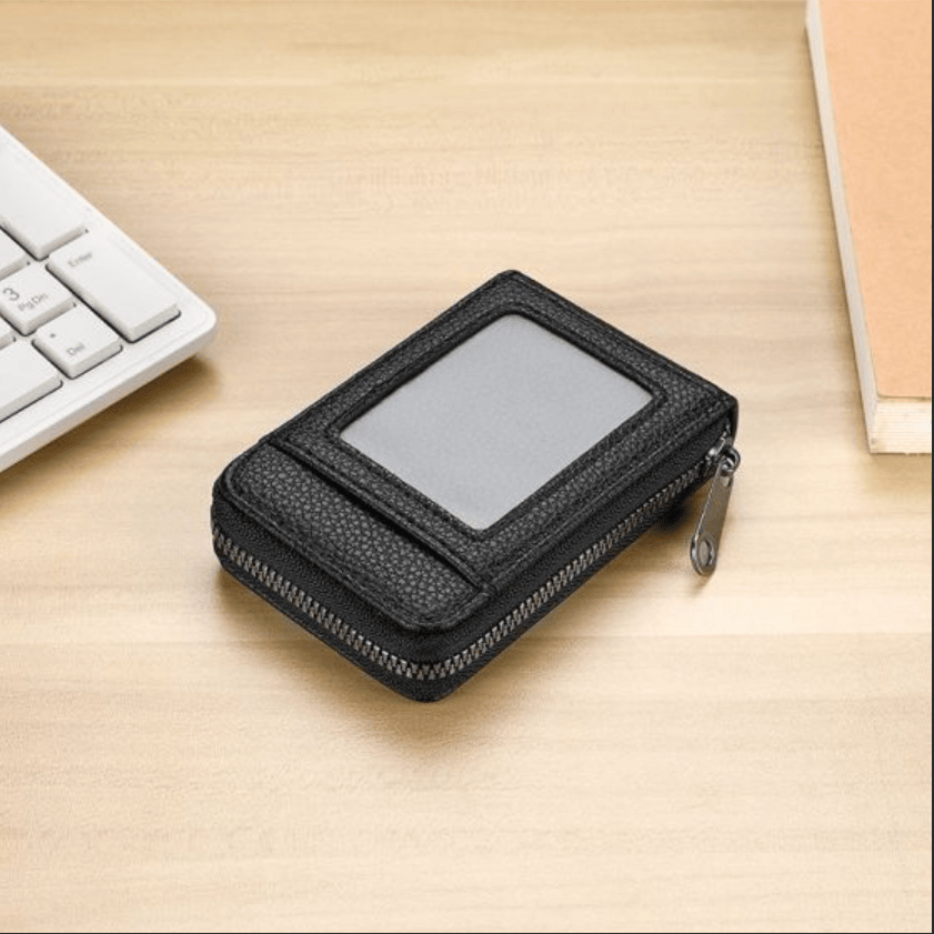 Zipper Accordion Card Holder, RFID Blocking Leather Mini Card Wallet with Clear ID Window for Credit Cards Coins